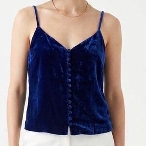 Madewell Navy Blue Velvet Button Front Camisole Size 8 Spaghetti Strap V-Neck